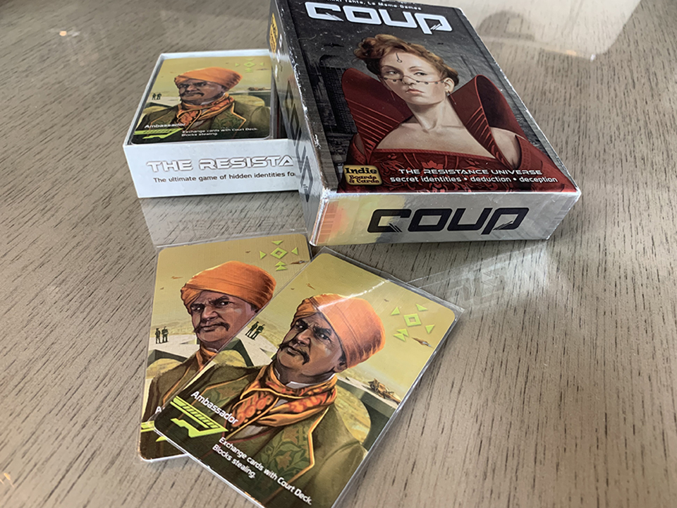 three ambassador cards with coup game box 
