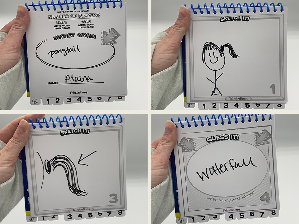 game play example shows word as ponytail, with stick figure drawing, then a close up drawing of a ponytail with the guess waterfall 