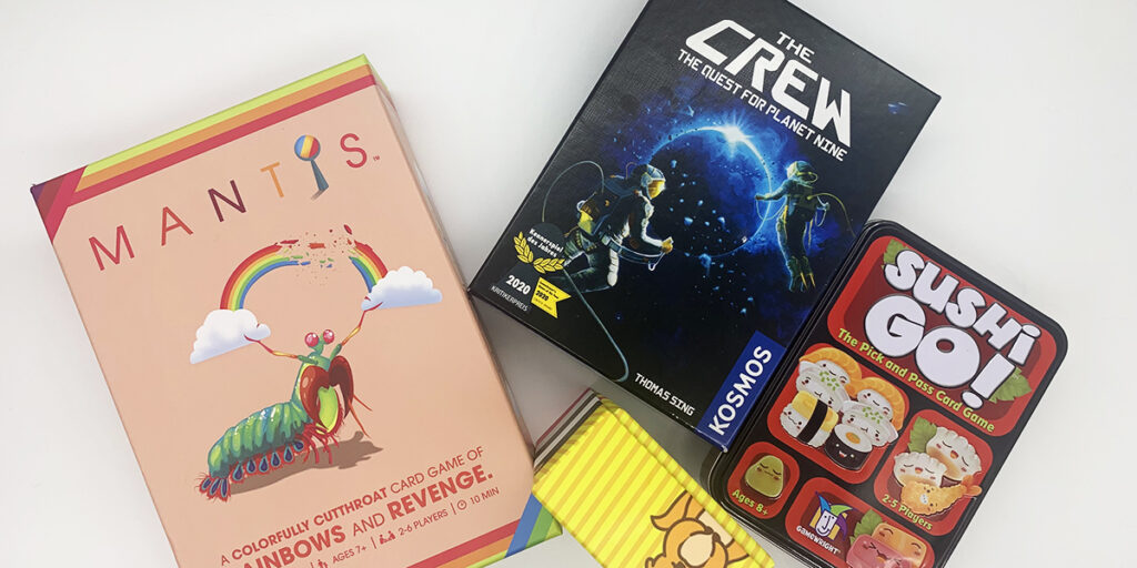 board games mantis, crew and sushi go and taco cat goat cheese pizza